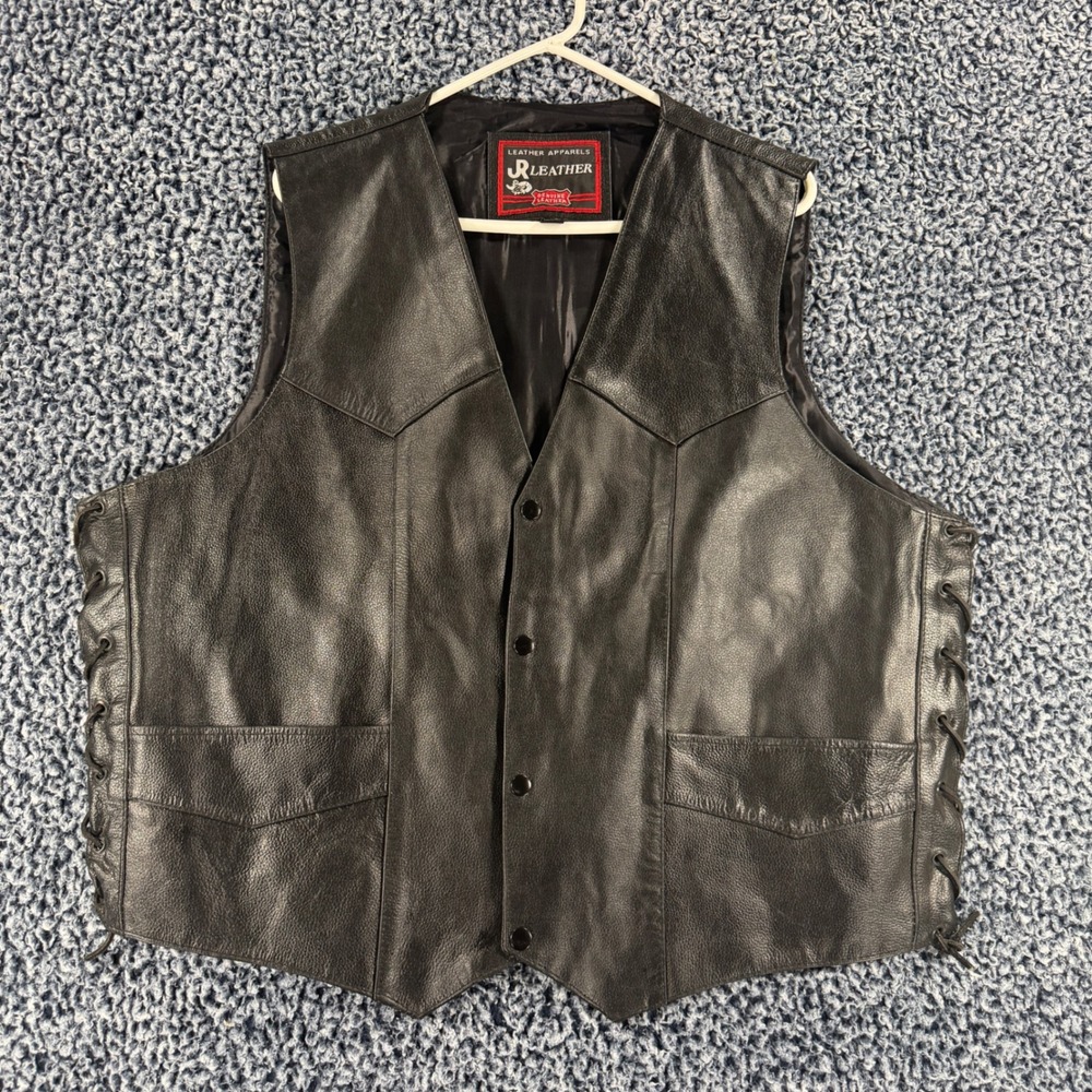 JR Leather Mens Black Genuine Leather Biker‎ Vest Side Lace Snap Front Size 48